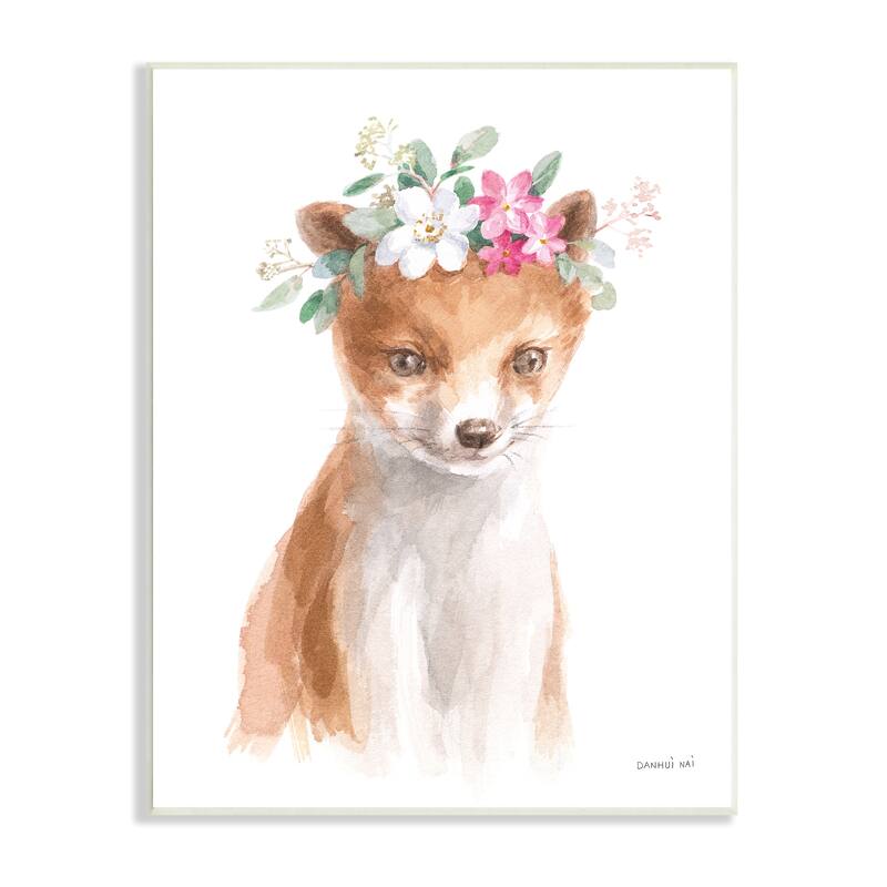Stupell Curious Fox Pink Daisy Floral Crown Woodland Animal Wood Wall ...