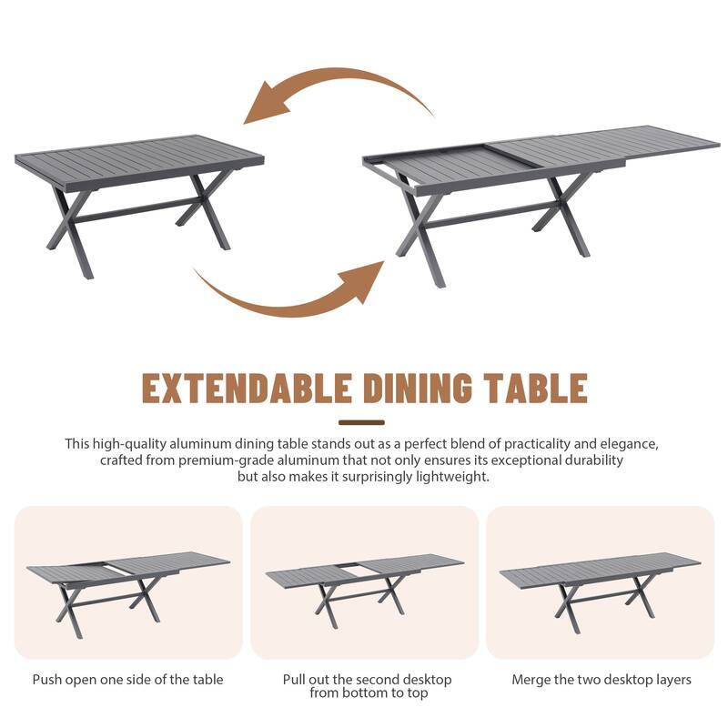 Expandable Aluminum Outdoor Dining Set with 6 Woven Rattan Chairs