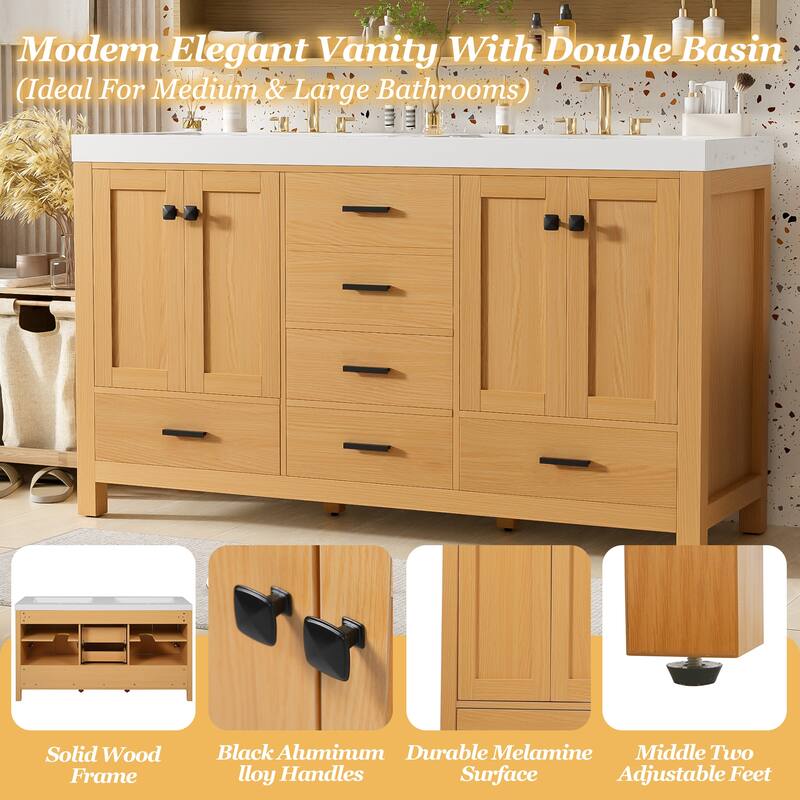 59.3" Double Sink Bathroom Vanity, Solid Wood Frame Vanity Cabinet, Double SMC Resin Sink - 59.3 Inch