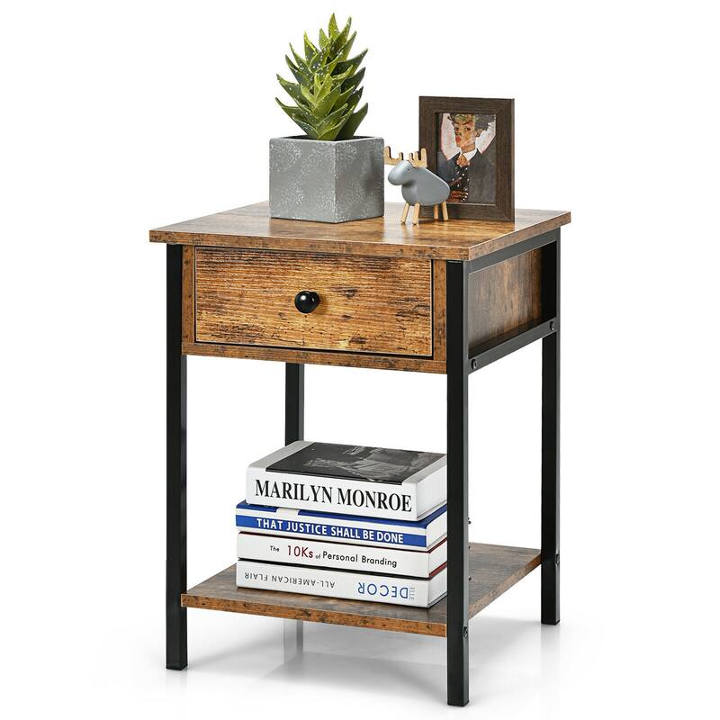 Gymax Industrial End Side Table Nightstand with Drawer Shelf Rustic - 16'' x 16'' x 22''