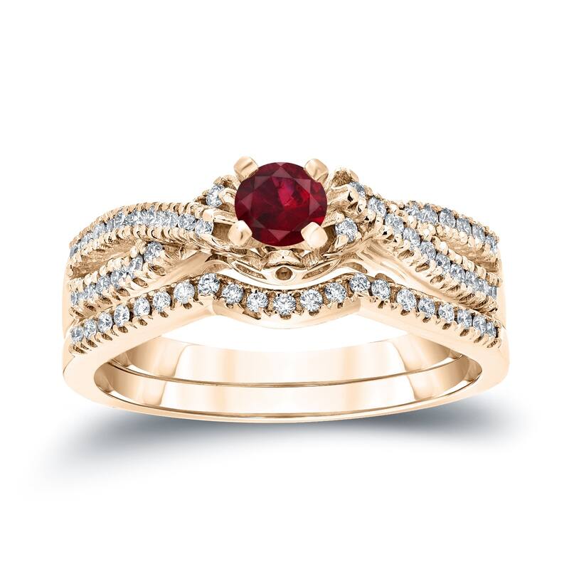 14k Gold 1/4ct Ruby and 1/4ct TDW Braided Infinity Diamond Engagement Ring Set by Auriya - 4 - Yellow