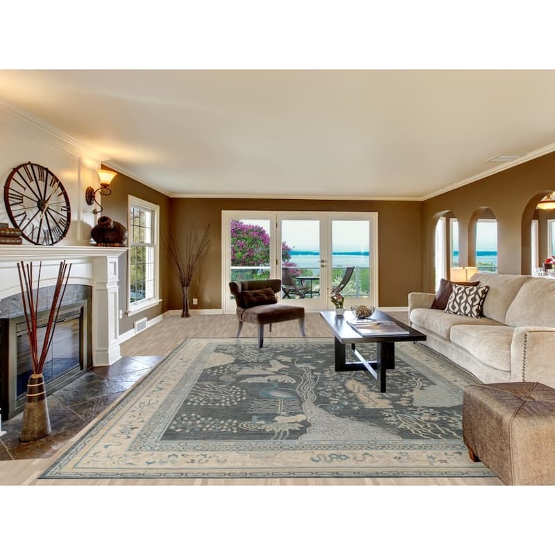 Hand Knotted Oriental 100% Wool Carpet Traditional Floral Greys & Charcoal Art Deco Area Rug - 14' 0'' X 9' 10''