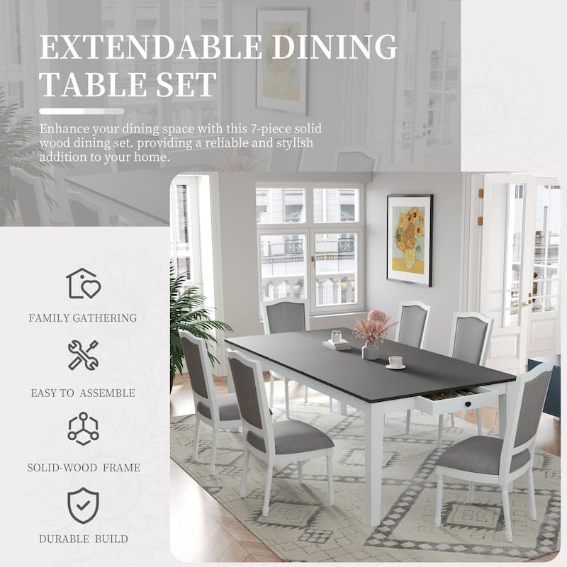 78.1'' Extendable Wood Dining Table Set with Removable Leaf and 6 Upholstered Dining Chairs