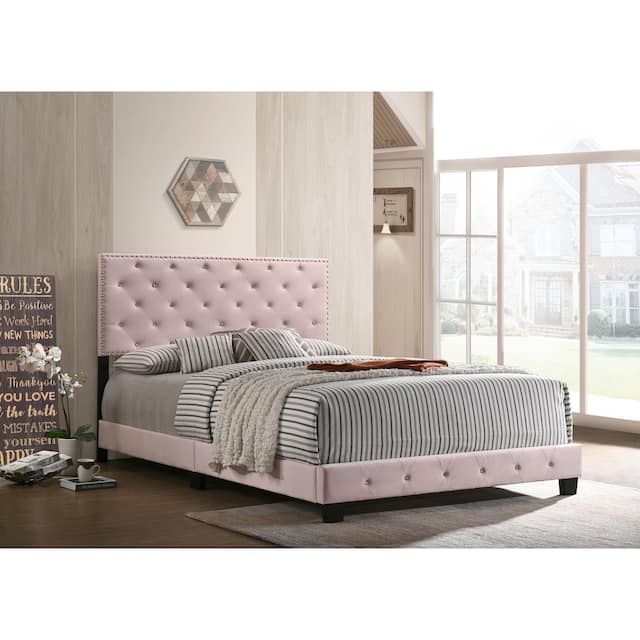 Suffolk Velvet Upholstered Jewel Accent Tufted Nailhead Panel Bed - Pink - Full
