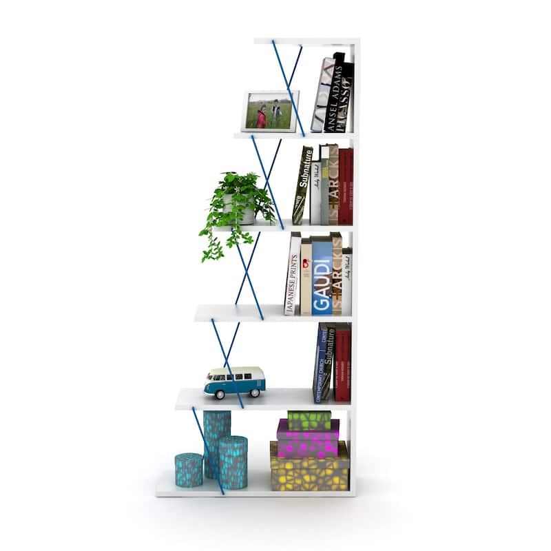 Bangles 57'' H x 25'' W Ladder Bookcase - White-Blue