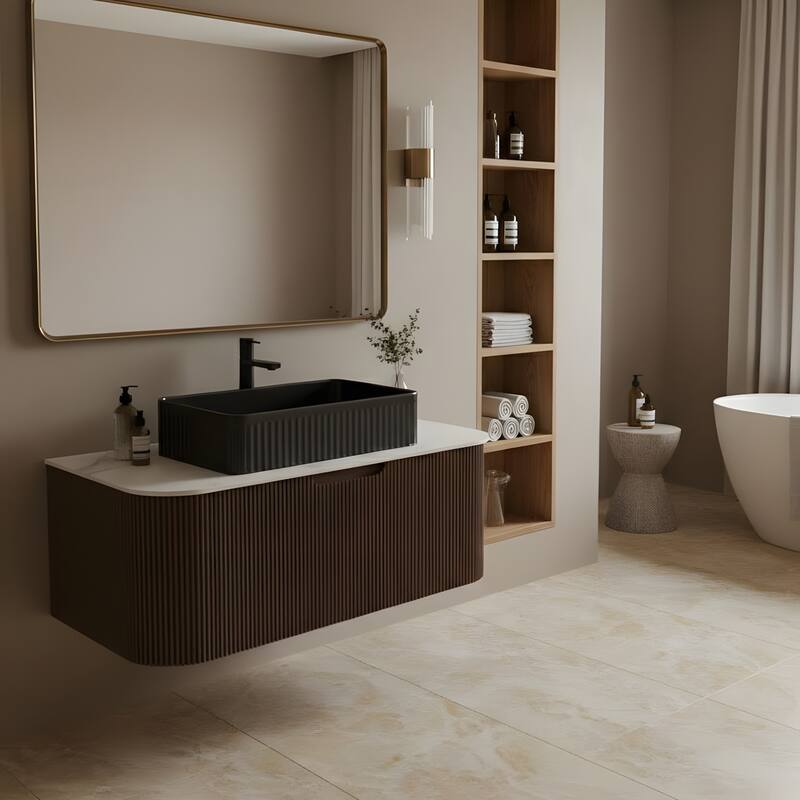 Wall Mounted Bathroom Vanity with Black Rectangular Ceramic Basin