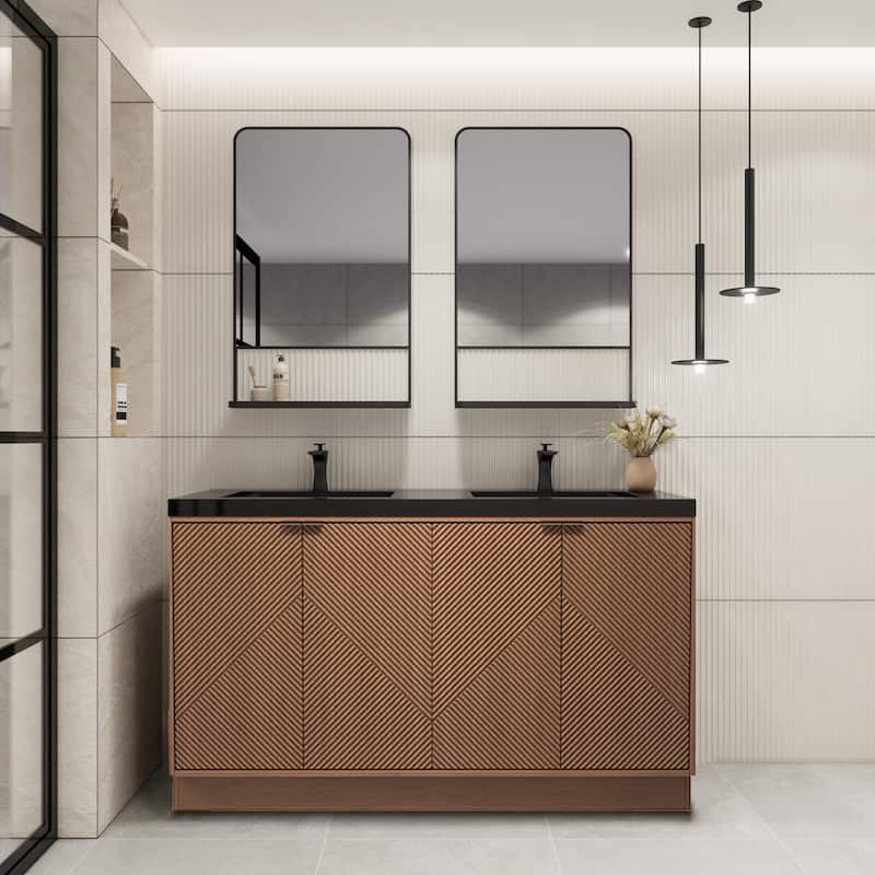 Milano 60" Freestanding Bathroom Vanity with Double Black Acrylic Sink - 59.06" x 19.49" x 35.46'' - Brown