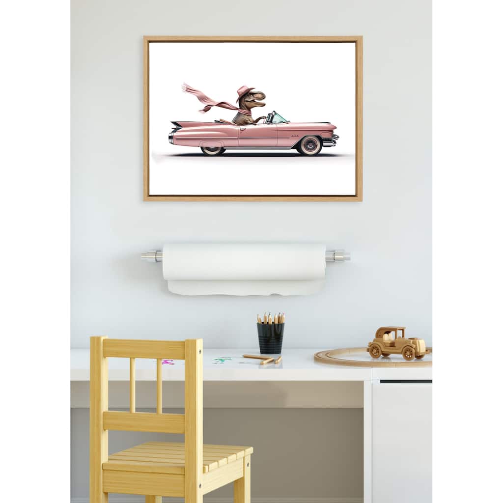 Kate and Laurel Sylvie Cowgirl Dino Driving 1950s Pink Cadillac Framed Canvas by Saint and Sailor Studios