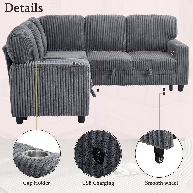 Homylin L-Shaped Sleeper Sectional Sofa with Pull-Out Bed, Storage & USB, 5-Seat