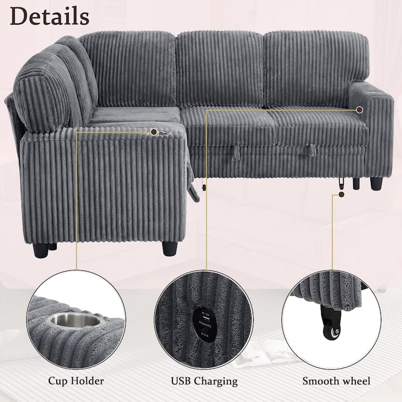 L-Shaped 5-Seat Sleeper Sofa Bed, Pull-Out, Storage, USB, Convertible, Corduroy, Grey