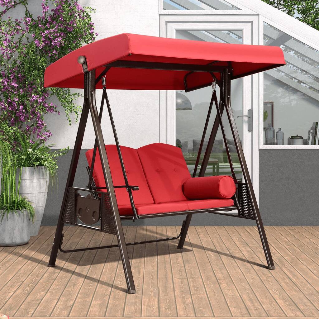 PURPLE LEAF Terra Red Deluxe Outdoor Patio Porch Swing with Weather Resistant Steel Frame, Cushions and Pillow Included