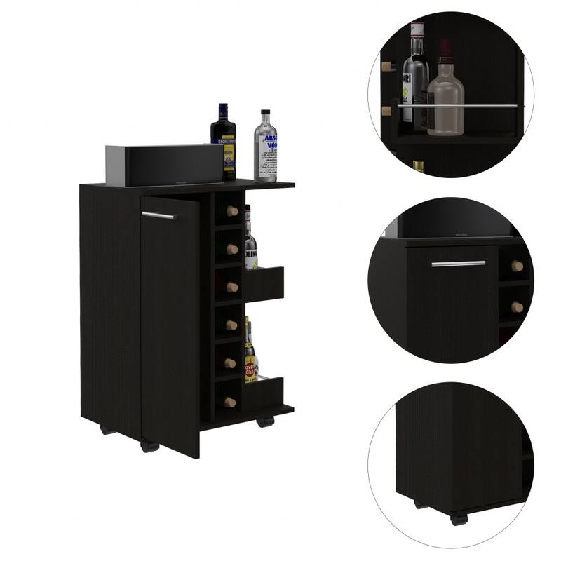 HomeRoots Black Rolling Bar Cart With Wine Storage - 23.70 in. x 32.40 in. x 14.80 in.
