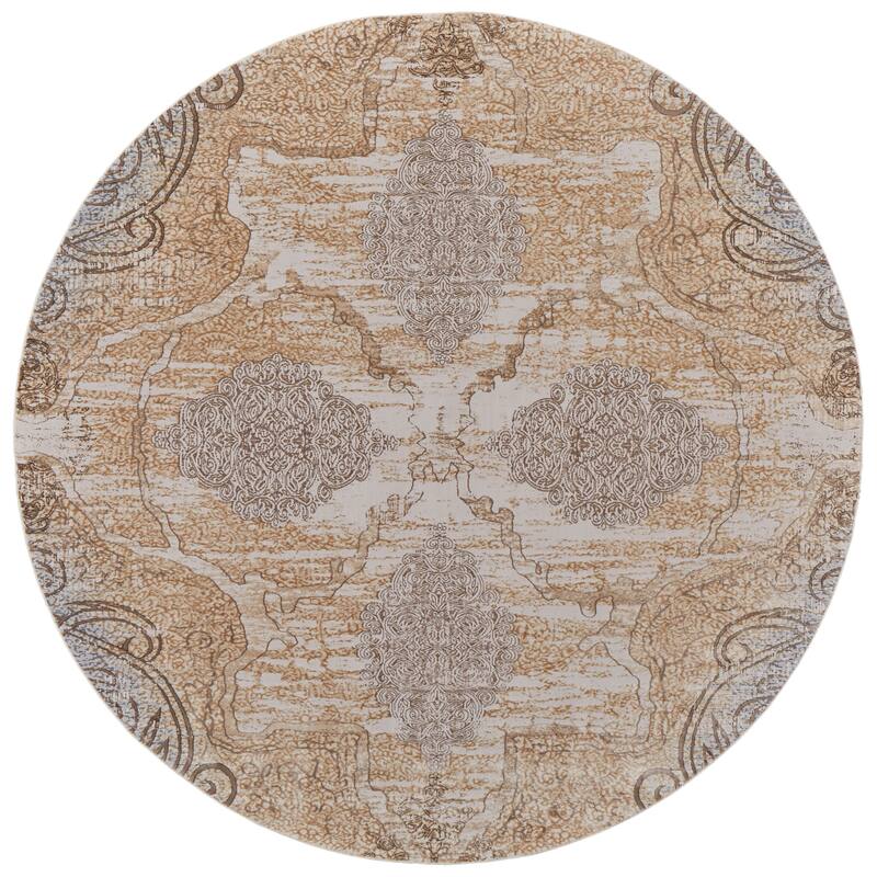 Grand Bazaar Neoma Machine Made Medallion Traditional Area Rug - 7'9" x 7'9" Round - Silver/Tan/Gray