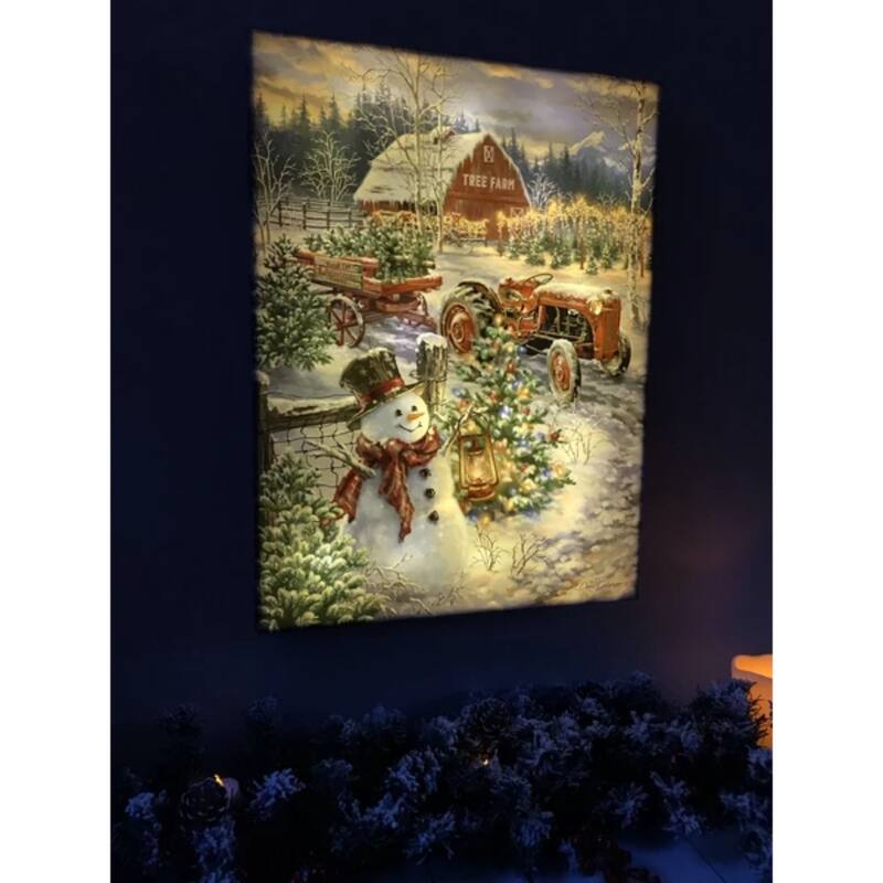 24"x18" White Green Christmas Tree Farm Back-lit Wall Art
