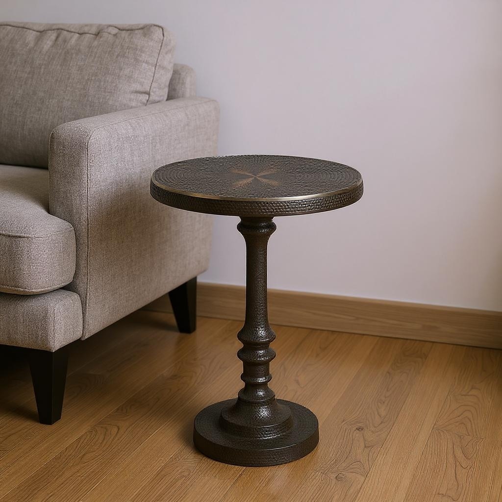 HomeRoots 24" Bronze Metal Round Pedestal End Table - 15.75 in. x 23.50 in. x 15.75 in.