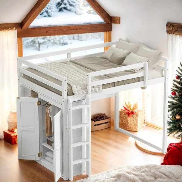 slide 2 of 30, Full Size Wood Loft Bed with Built-in Wardrobe and Storage Shelves, Led light White
