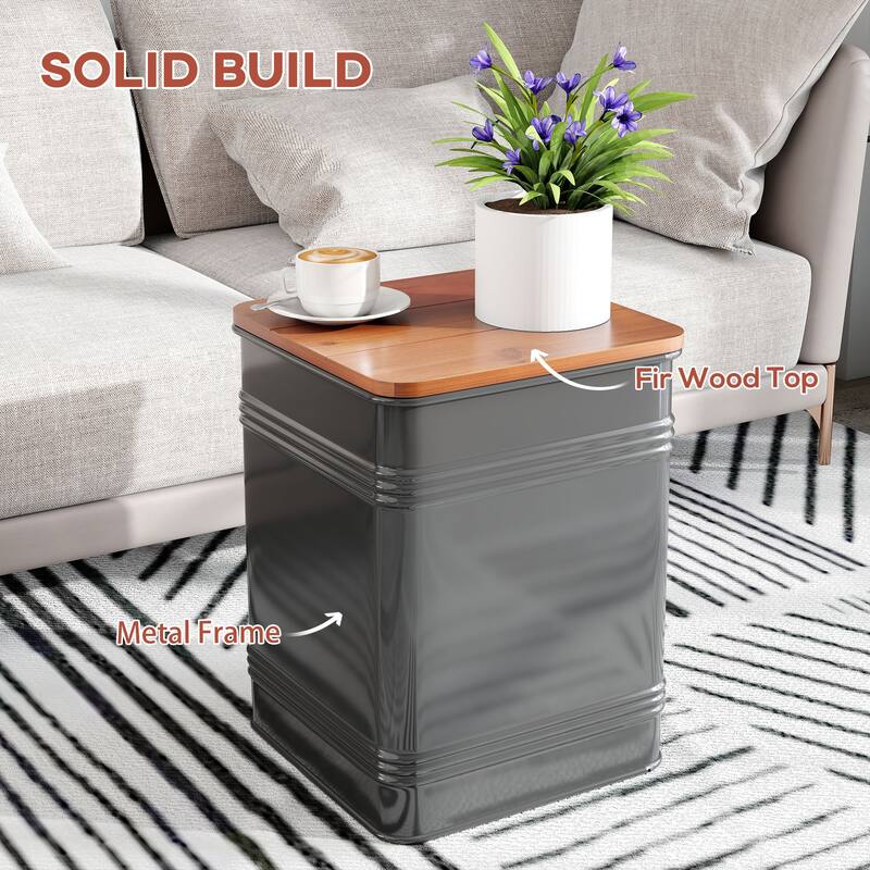 Set of 2 Black Metal Storage Ottomans with Walnut Removable Wood Lids for Living Room or Bedroom - 14.6" W x 14.6" D x 19.1" H