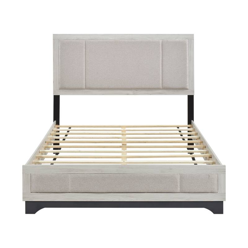 Modern Two-Tone White Oak & Gray Upholstered Queen Platform Bed with Headboard and Footboard