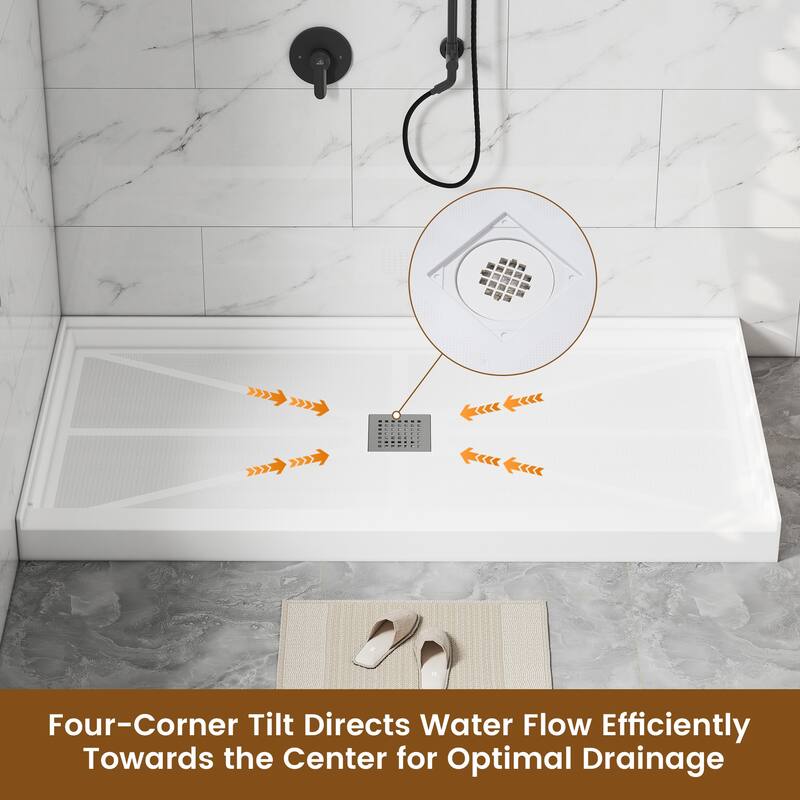 60 in. x 36 in. Elegant White Single Threshold Anti-slip SMC Rectangular Shower Base with Drain and Stainless Steel Drain Cover