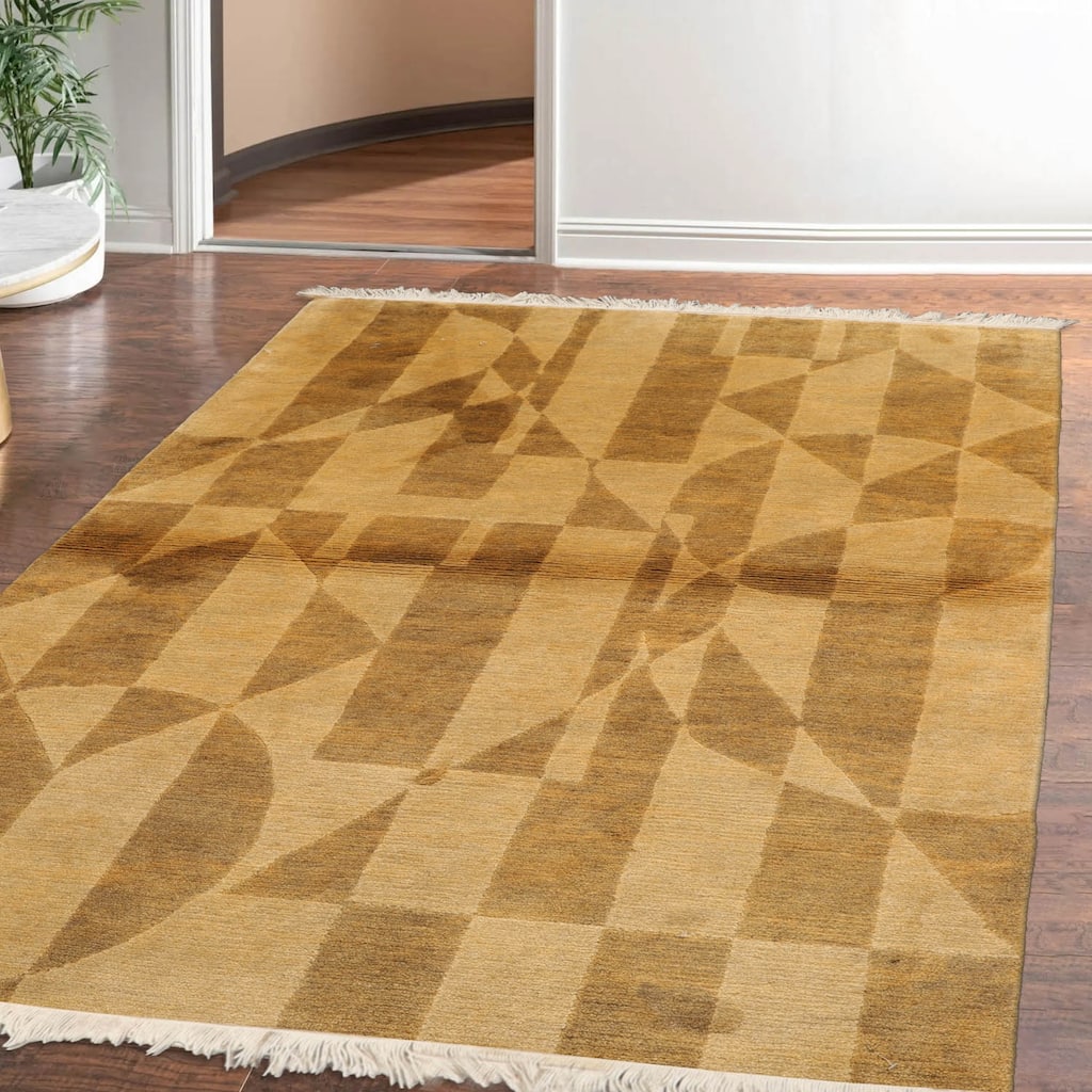 Hand Knotted Tibetan Gold, Brown 100% Wool Modern Oriental Area Rug - 4' x 6'