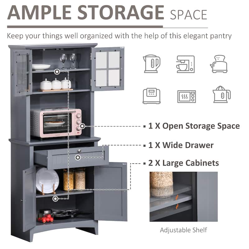 HOMCOM Kitchen Buffet Hutch Wooden Storage Cupboard with Framed Glass Door, Drawer and Microwave Space - 27"x15.75"x64.5"