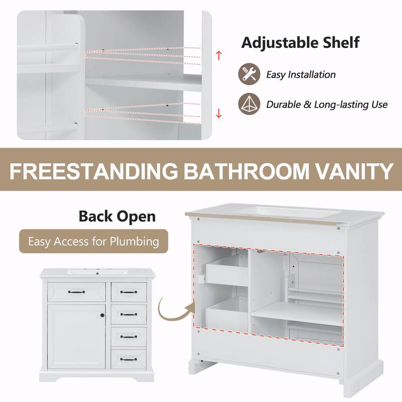 36" Bathroom Vanity with Sink, Tip-out Drawers & Soft-Close Door Hinges