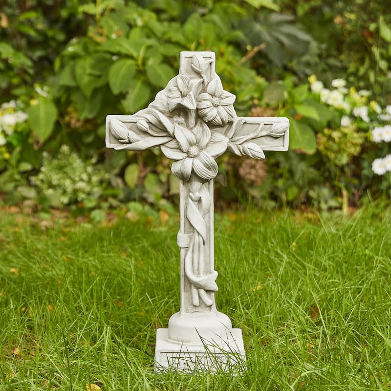 Glitzhome 21"H MGO Holy Christian Cross with Lily Garden Statue for Outdoor Indoor Christ Decor Sculpture