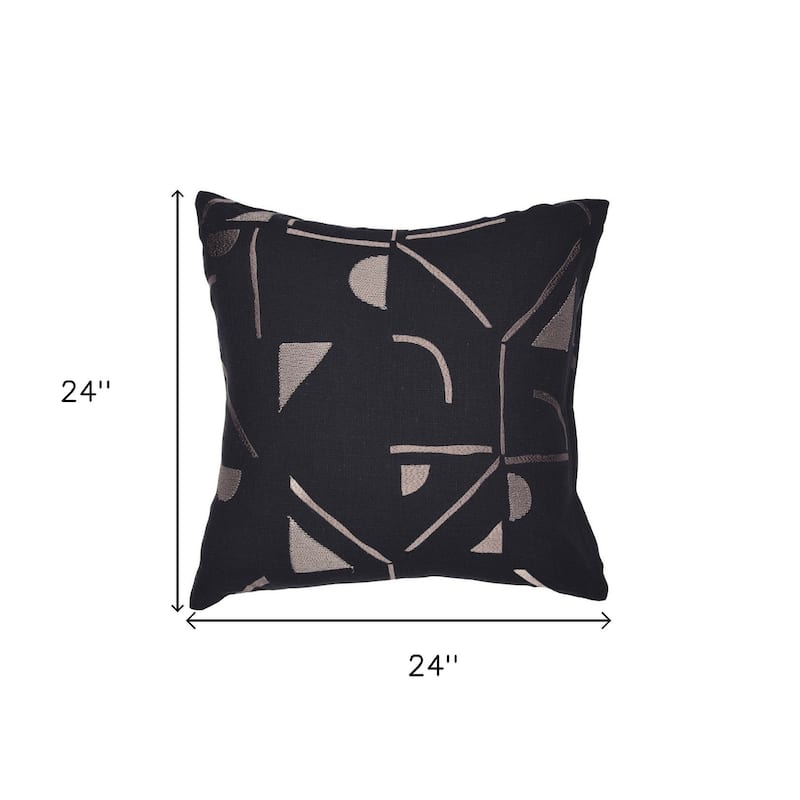 HomeRoots 24" Beige and Black Geometric Cotton Blend Throw Pillow With Embroidery