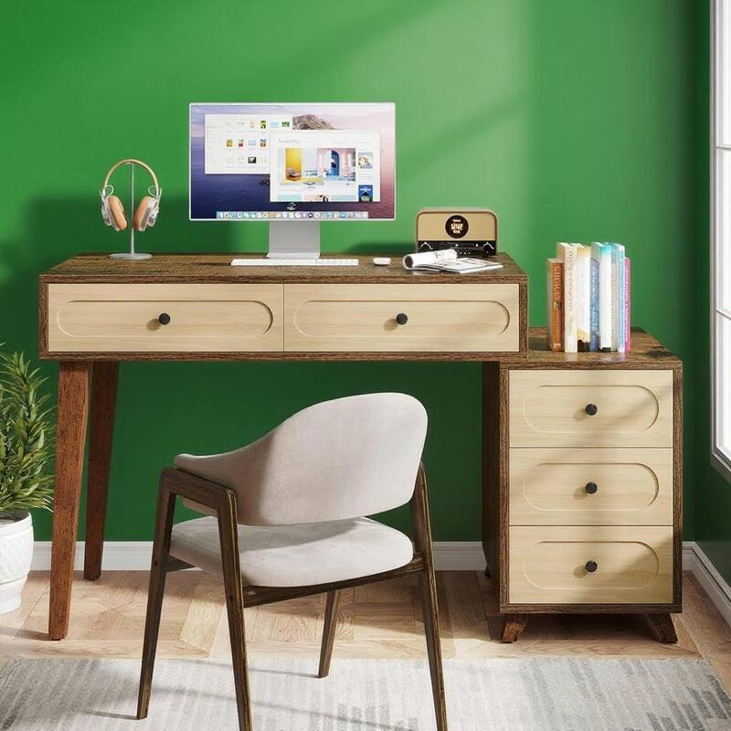 Brown Solid Wood Computer Desk 5 Drawers Spacious Home Office Table