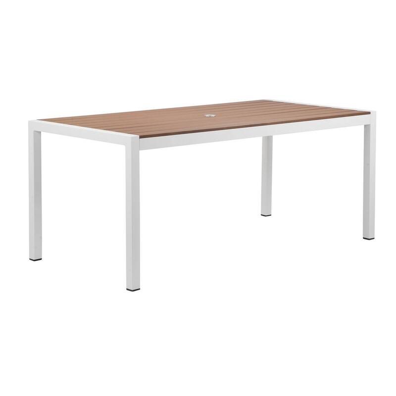 Fifi 71 Inch Outdoor Dining Table, Brown Polyresin Top, White Metal Frame