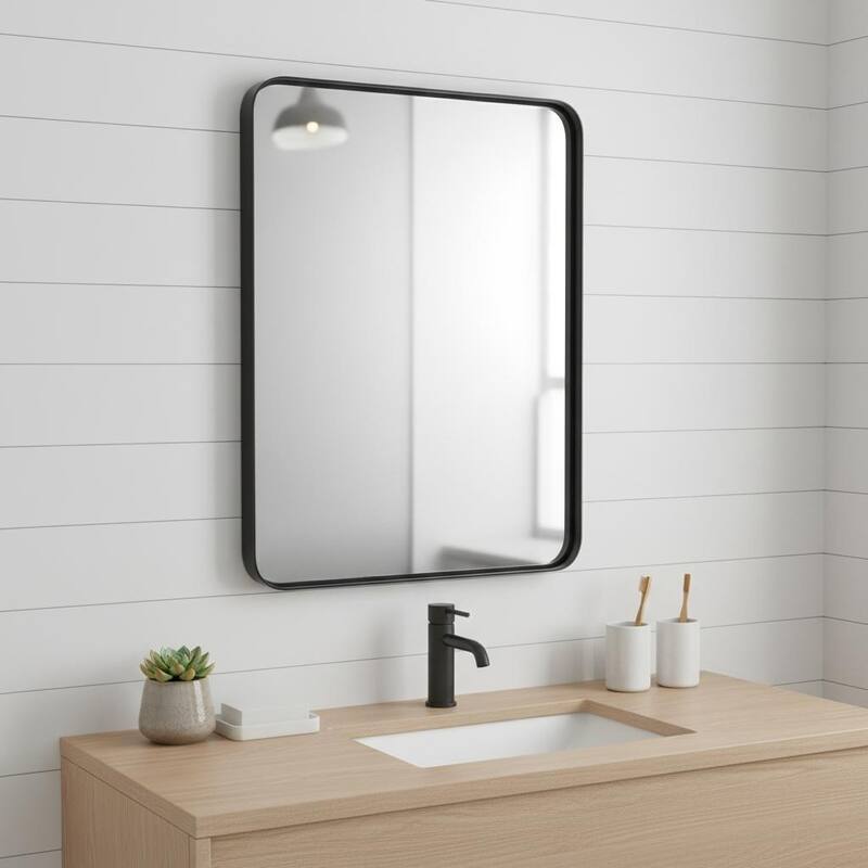 HomeRoots 39" Black Metal Floating Framed Bathroom Vanity Mirror - 29.50 in. x 39.30 in. x 1.30 in. - 29.50 in. x 39.30 in.  x 1.30 in.