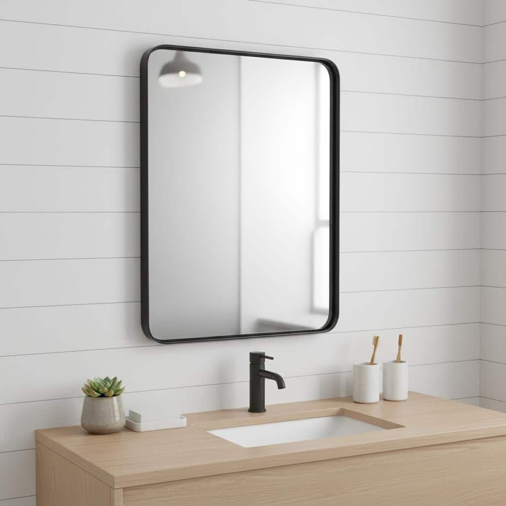 HomeRoots 39" Black Metal Floating Framed Bathroom Vanity Mirror - 29.50 in. x 39.30 in. x 1.30 in.