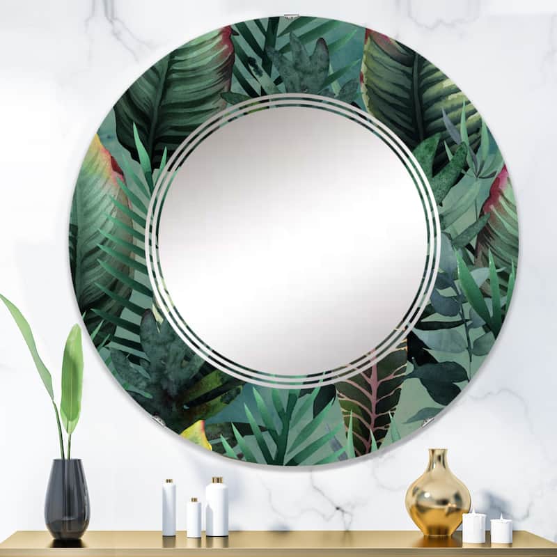 Designart 'Tropical Palm Leaves In Jungle' Printed Traditional Wall Mirror - 36in.x36in.