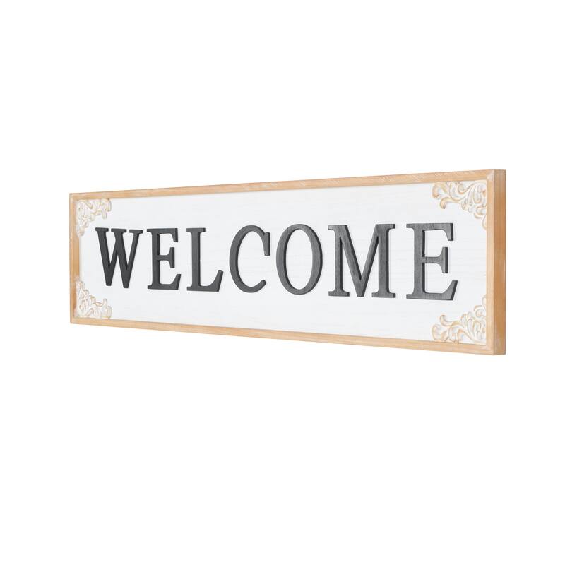 White Wooden Welcome Sign Home Wall Decor with Scroll Details
