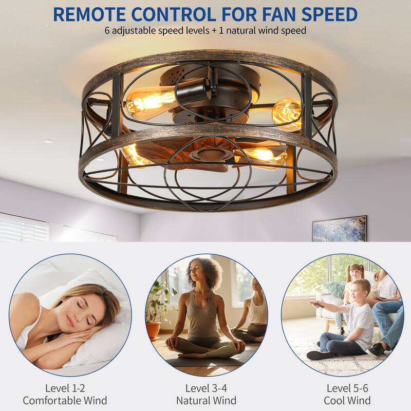 Moasis Farmhouse Flush Mount 20 Inch Caged Ceiling Fan with Lights and Remote - 20 inch