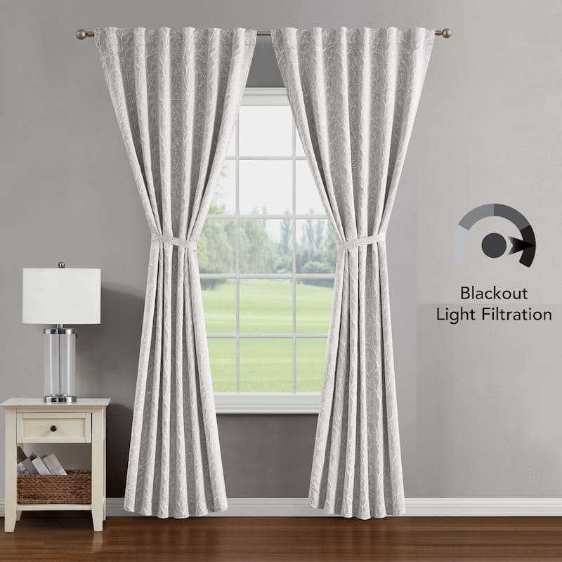 Creative Home Ideas Collins Blackout Window Curtain, Room Darkening, Thermal Insulated, Branch, Back Tab, 2 Panels, 2 Tiebacks