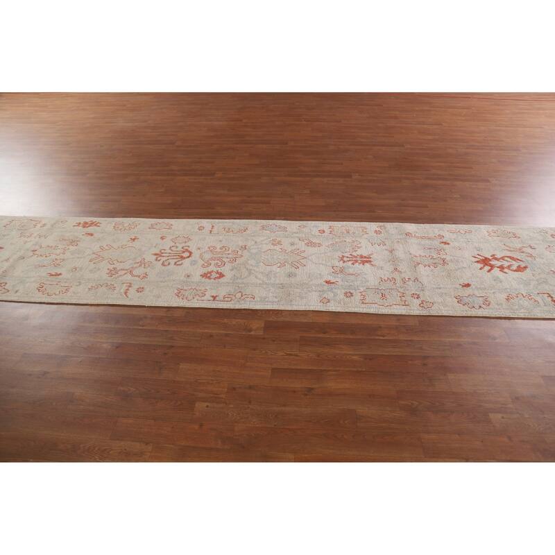 Hand Knotted Oriental 100% Wool Carpet Transitional All-Over Beige & Ivories Oushak Runner Rug - 17' 7'' X 2' 6''