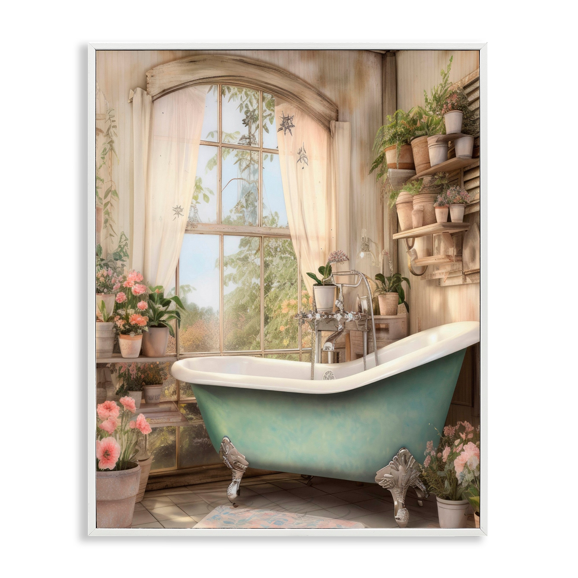 Stupell Bathroom with Floral Filled Shelves Framed Giclee Art Design By Lettered and Lined