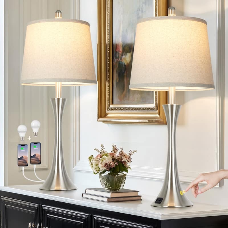 Set of 2 Modern 26-Inch Table Lamps with Dual USB Charging Ports and Oatmeal Fabric Shades - 12'' x 12'' x 27.5''