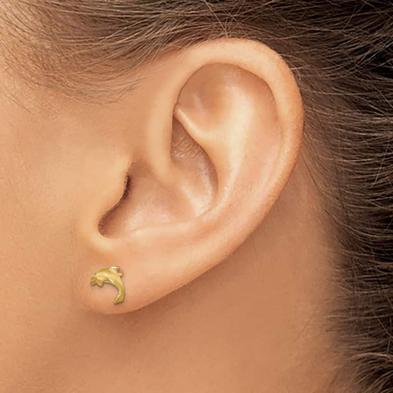 Curata 14k Yellow Gold Satin Sparkle Cut Dolphin Post Earrings - 7x9.5mm