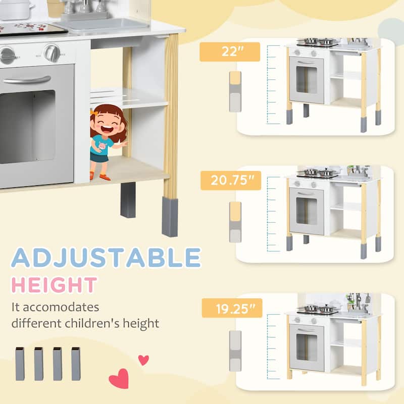 Qaba Wooden Play Kitchen with Realistic Lights and Sounds, Height-Adjustable Kids Kitchen Playset with Microwave, Range Hood