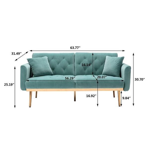 dimension image slide 0 of 8, Velvet Futon Sofa Bed with 5 Golden Metal Legs, Sleeper Sofa Couch with Two Pillows, Convertible Loveseat for Living Room