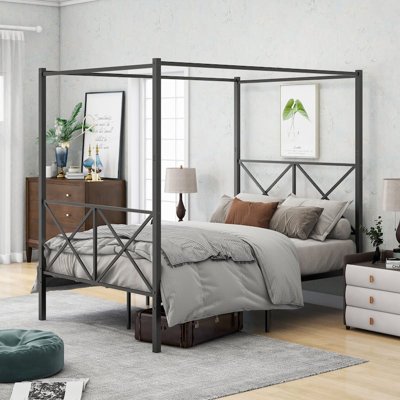 Black Full Size Metal Canopy Bed Frame, X-Shaped Platform Frame, Elegant Design,