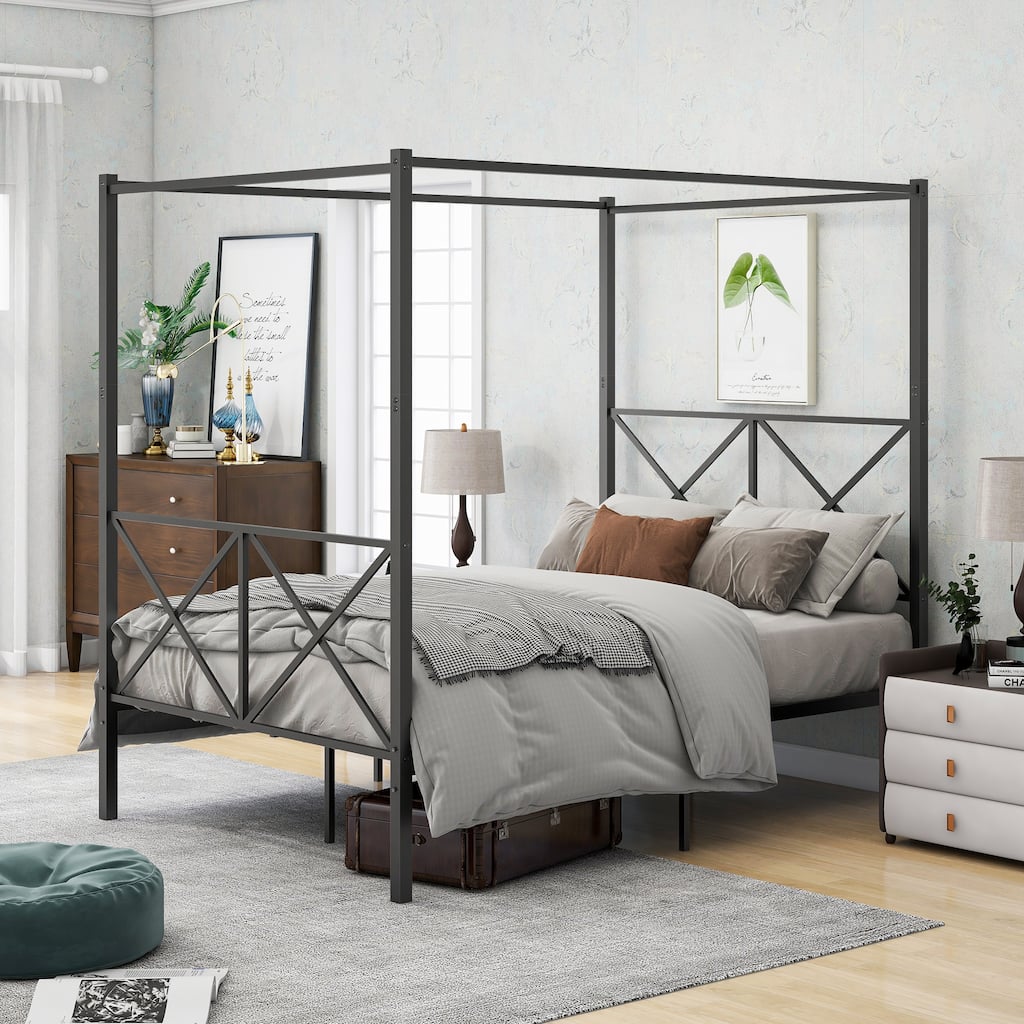 Industrial Full Platform Bed with X-Frame and Canopy