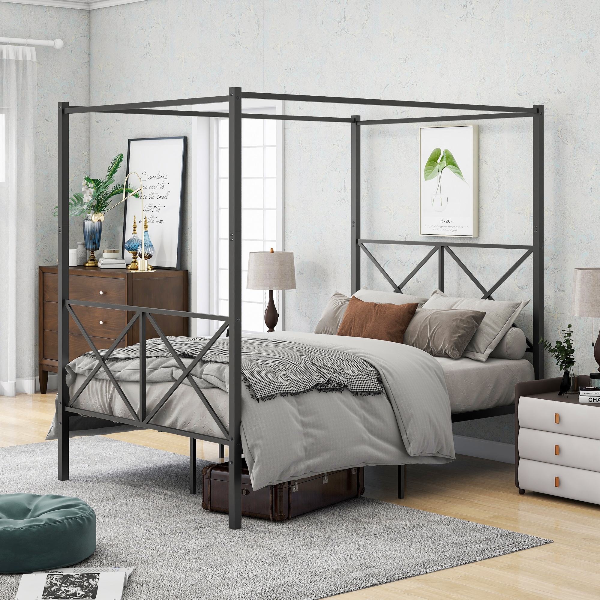 Industrial Full Platform Bed with X-Frame and Canopy