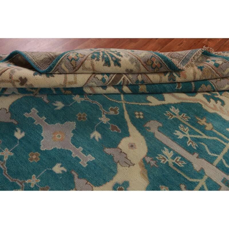 Teal Blue Oushak Indian Area Rug Hand-Knotted Wool Carpet - 9'2" x 11'11"