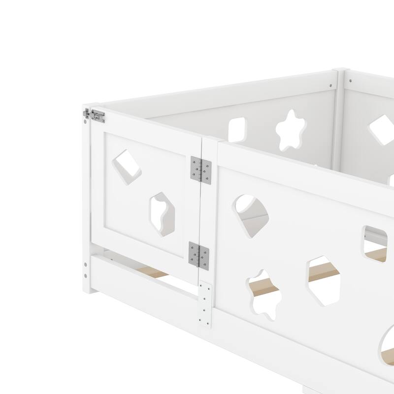 Solid Wood Montessori Floor Bed Frame, Geometric Shaped Floor Bed with Fence and Door, Wooden Slats Support