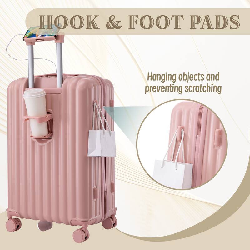 20"/24"/28" 3-Piece Modern Luggage Sets with Cup Holder, USB Port and Phone Holder, for Boarding Travel, Pink