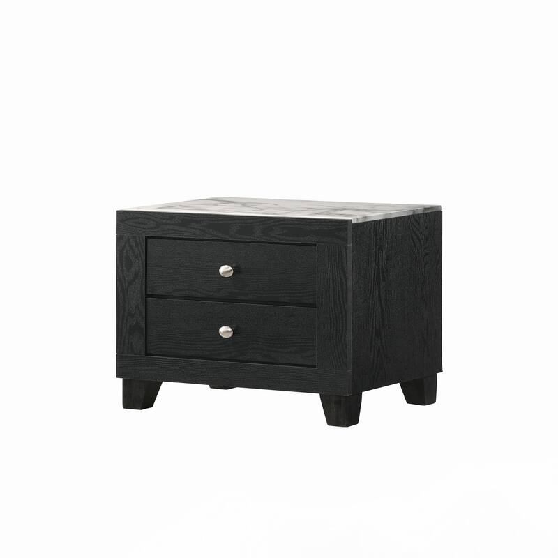 1pc Modern White Faux Marble Top 2 Drawers Nightstand Black Finish