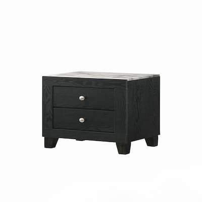 1pc Modern White Faux Marble Top 2 Drawers Nightstand Black Finish